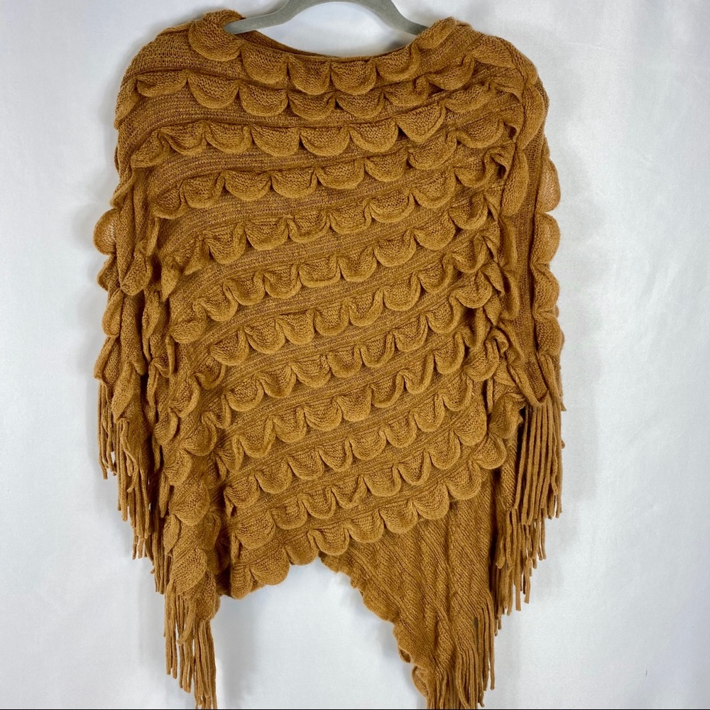 Camel Brown Fringe Poncho Asymmetrical One Size